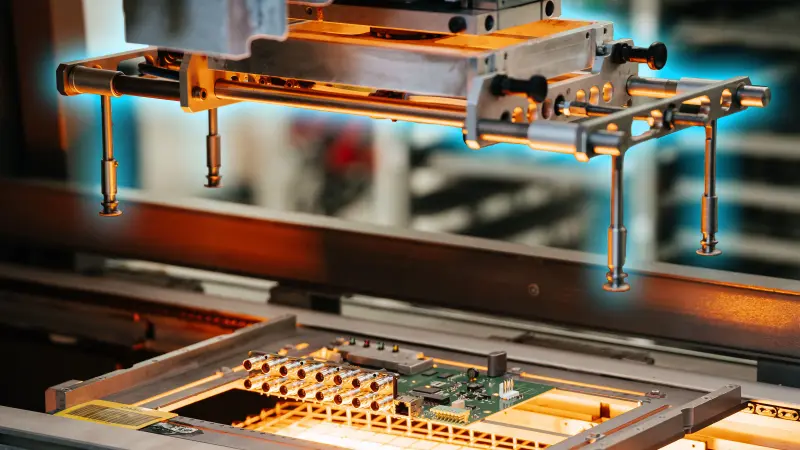 Usługi produkcji elektroniki: linia montażowa w technologii THT (through-hole technology) z płytkami drukowanymi i zautomatyzowanymi urządzeniami montażowymi w zakładzie Keenfinity.