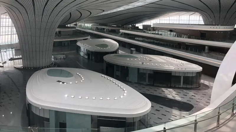 Futuristic interior of the Beijing Daxing International Airport terminal