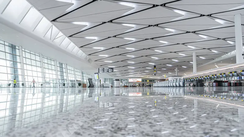 Inside of terminal hall of Chengdu International Airport, from a worm’s-eye view