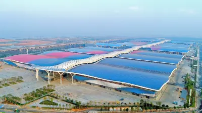 The area of the Shenzhen World Exhibition & Convention Center at the Pearl River Delta from a bird’s eye view.