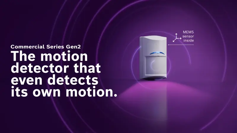 Commercial Series Gen2 motion detector with the slogan: the motion detector that even detects its own motion