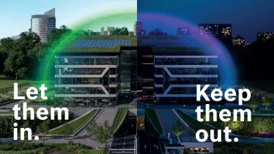 Visuel de campagne représentant un bâtiment sécurisé, de jour comme de nuit