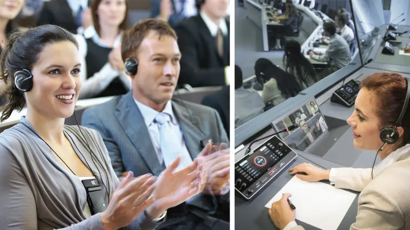 Participants following a conference with headsets and INTEGRUS Pocket Receiver. Interpreter behind her DICENTIS Interpreter desk.