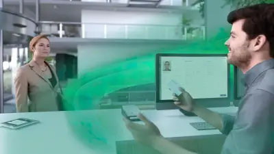 reception office, receptionists hands over card to visitor, visitor management